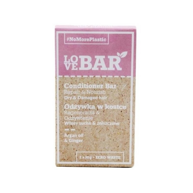 Après-shampoing Love Bar pour cheveux secs et abîmés, huile d'argan et gingembre, 2 x 30 g (31-08-2026)