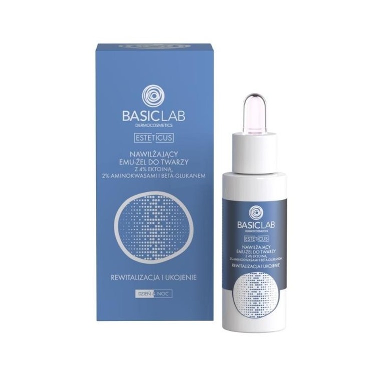 Gel hydratant visage Emu-Facial BasicLab Esteticus à 4 % d'ectoïne, acides aminés et bêta-glucane, revitalisant et apaisant, 30 
