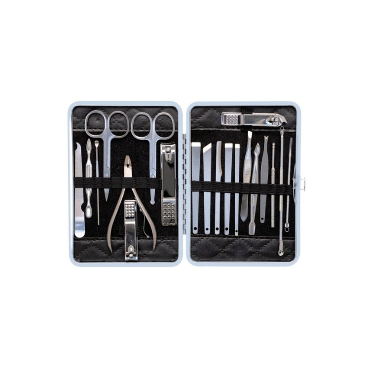 A set of 20 cosmetic accessories for manicure, pedicure and facial treatments in a case