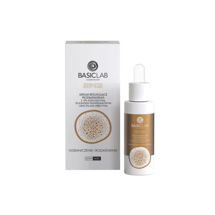 BasicLab Esteticus Serum dat verkleuring vermindert met 10% Azeloglycine, 3% Tranexaminezuur en 2% Alpha Arbutin 30 ml