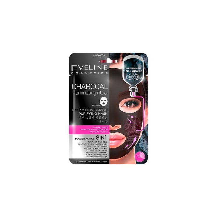 Eveline Charcoal 8in1 Reinigend gezichtsmasker in een vel, 1 stuk