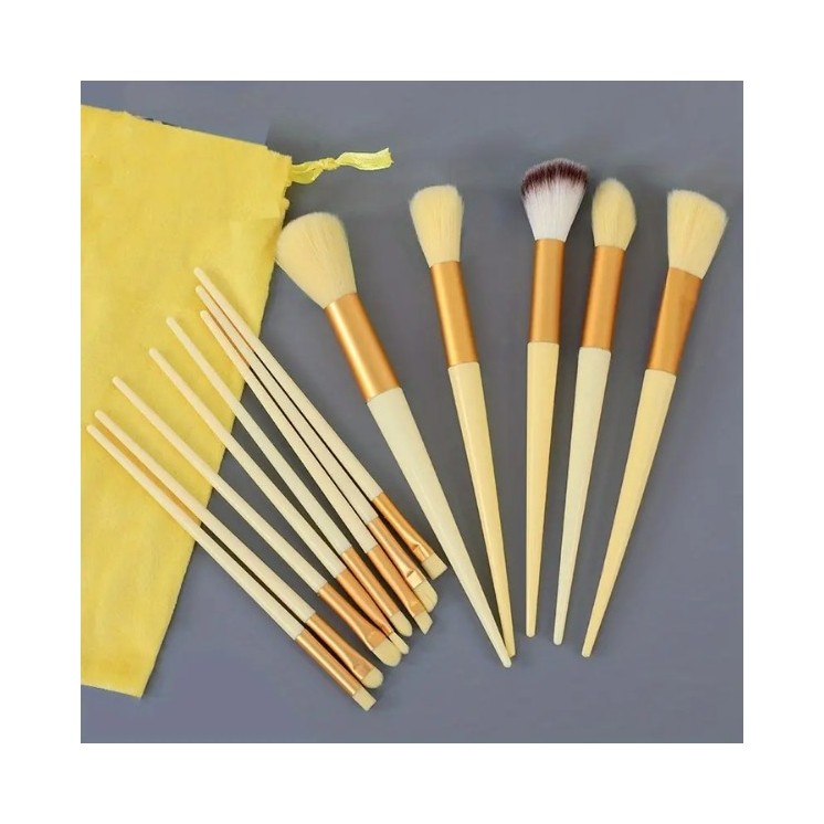 Set of professional Yellow makeup brushes, 13 pieces