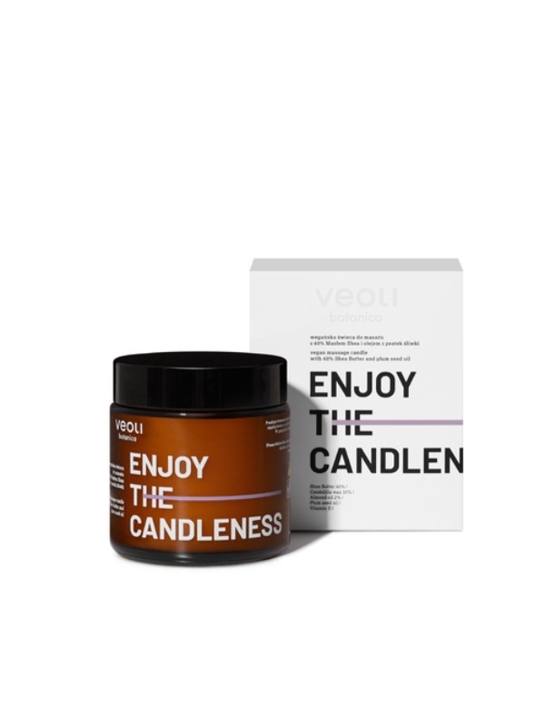 Veoli Botanica Enjoy the Candleness wegańska Świeca do masażu ciała z 40% masłem Shea i olejem z pestek śliwki 100 ml