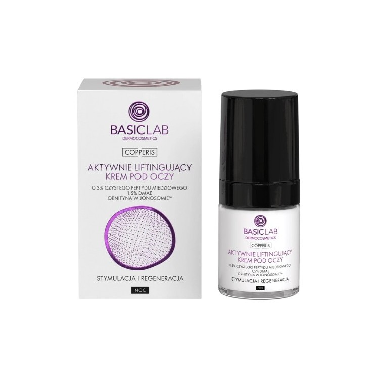 BasicLab Copperis Actively Lifting Night Eye Cream, 3% reines Kupfer, Peptidstimulation und Regeneration, 18 ml