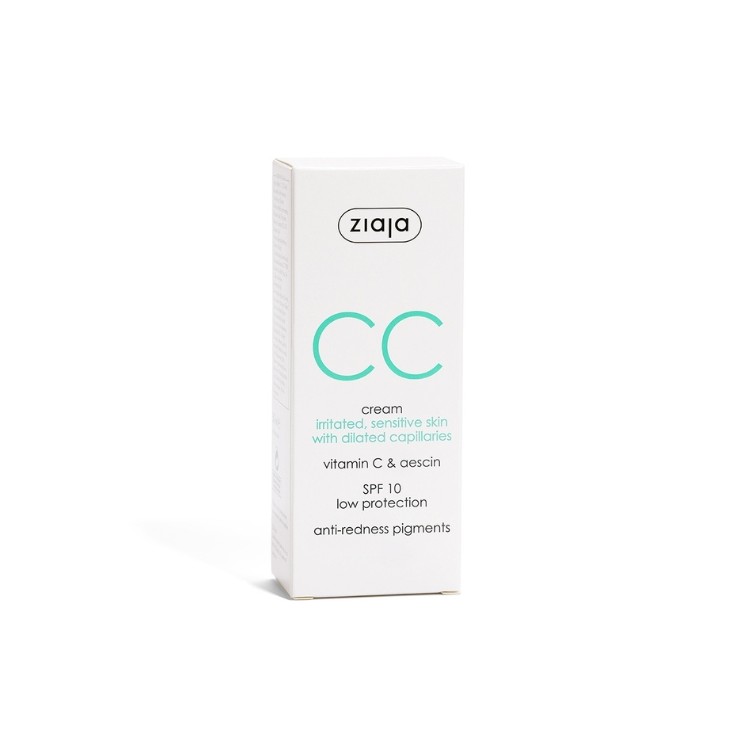 Ziaja CC Crème Visage Apaisante pour peaux irritées, sensibles et capillaires dilatés SPF10 faible protection, 50 ml