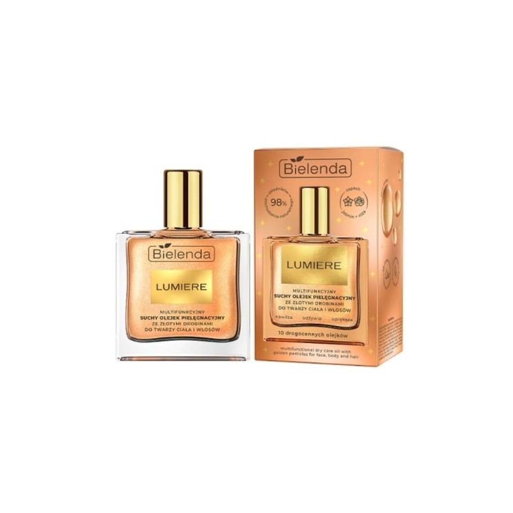 Bielenda Lumiere huile de soin sèche multifonctionnelle pour le visage, le corps et les cheveux aux particules d'or 50 ml