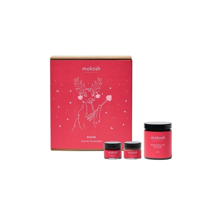 Coffret cadeau Mokosh Amor Kissable Lips : baume à lèvres 15 ml + masque Peeling les lèvres 15 ml + baume pour le corps 180 ml