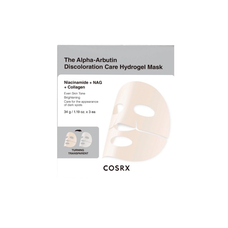 COSRX Arbutin Discoloration Hydrogel Mask Set van 3 hydro met alfa-arbutine (34 g) voor een stralende huid.