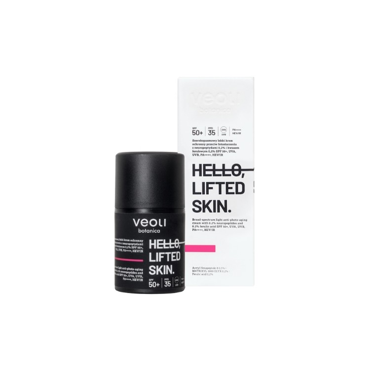 Veoli Botanica Hello , Crème Protectrice Légère Lifted Skin contre le Photo-vieillissement SPF50 + aux Neuropeptides 0,2 2% 50 m