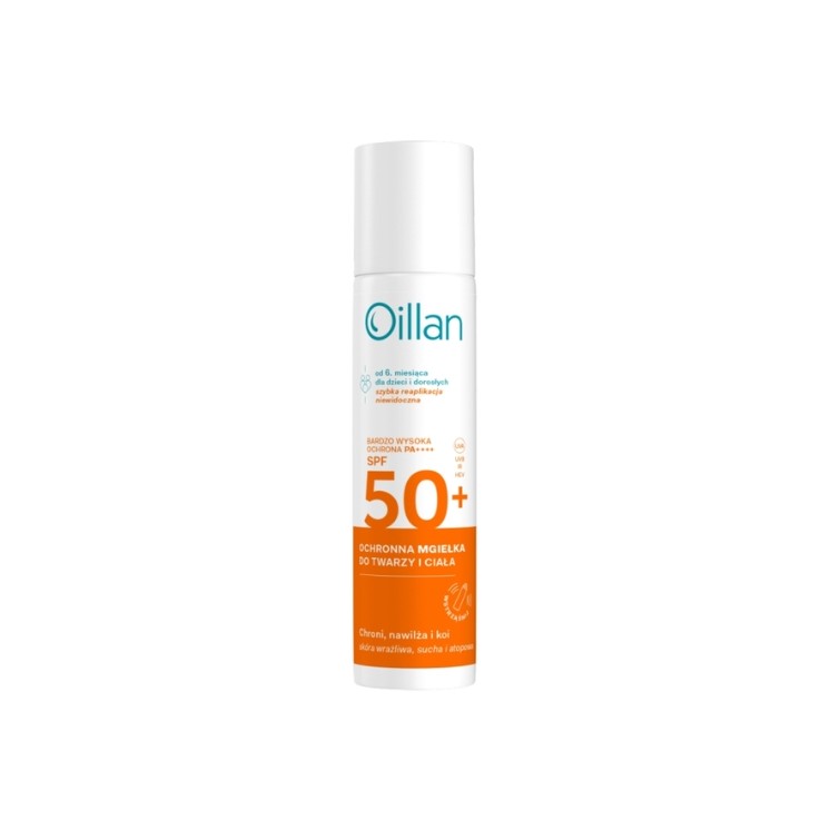 Brume solaire protectrice Oillan pour le visage et le corps, SPF50 50+, pour peaux sensibles, 75 ml