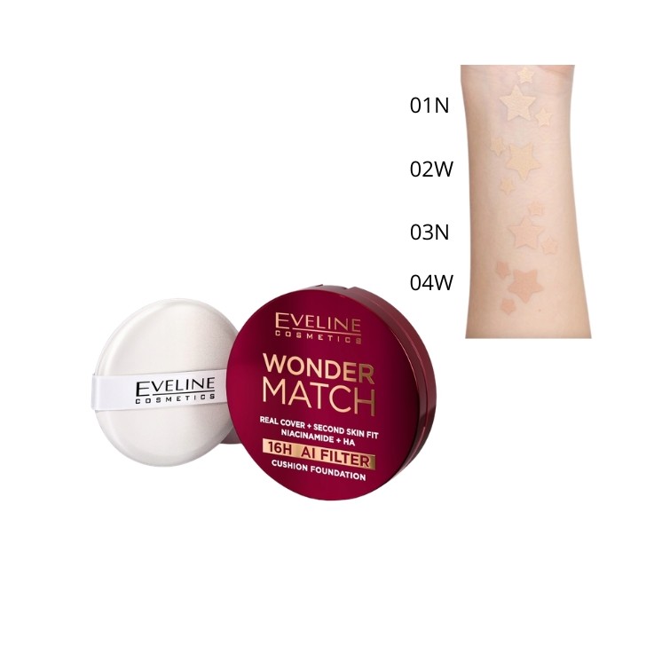 Fond de teint cushion Eveline Wonder Match à la niacinamide /02W/ Vanilla 15 g